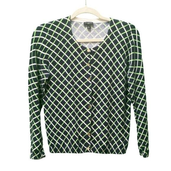 Talbots Long Sleeve Navy/Green Geometric Pattern Cotton Blend Cardigan Size S/P - Picture 3 of 5